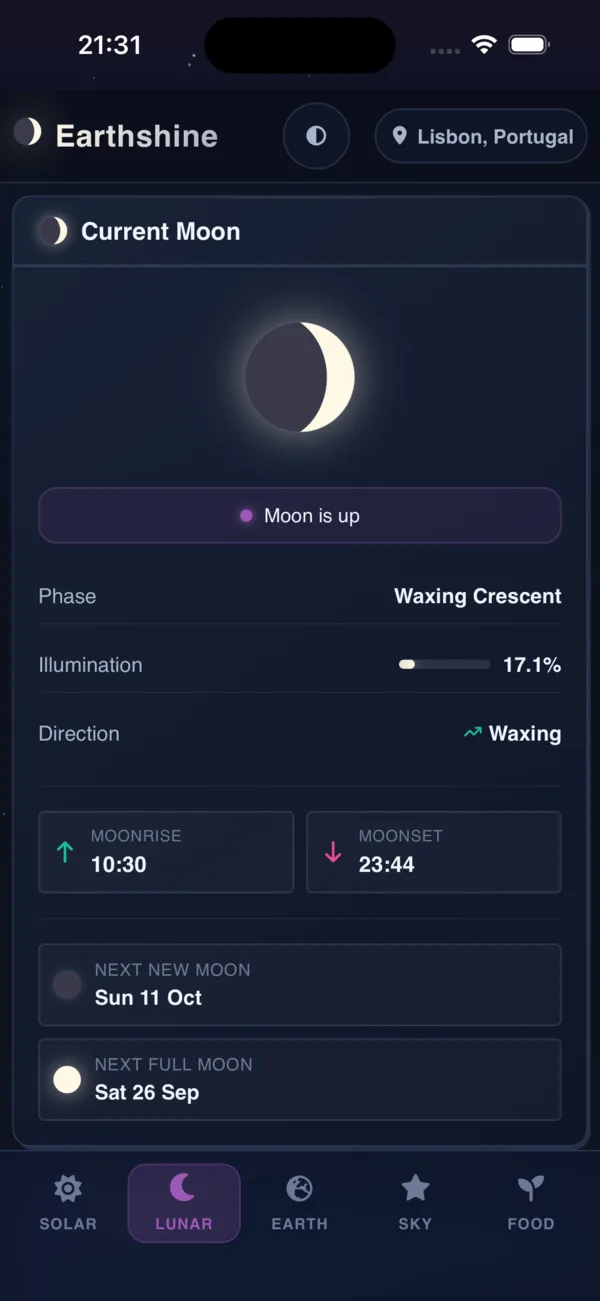 Earthshine screenshot: moon phase, illumination and stargazing score for tonight