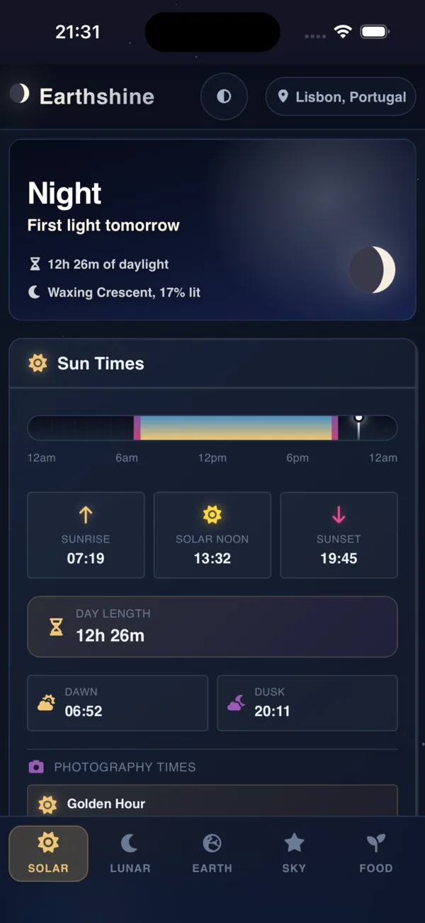 Earthshine screenshot: sunrise, solar noon and sunset times with a golden hour countdown